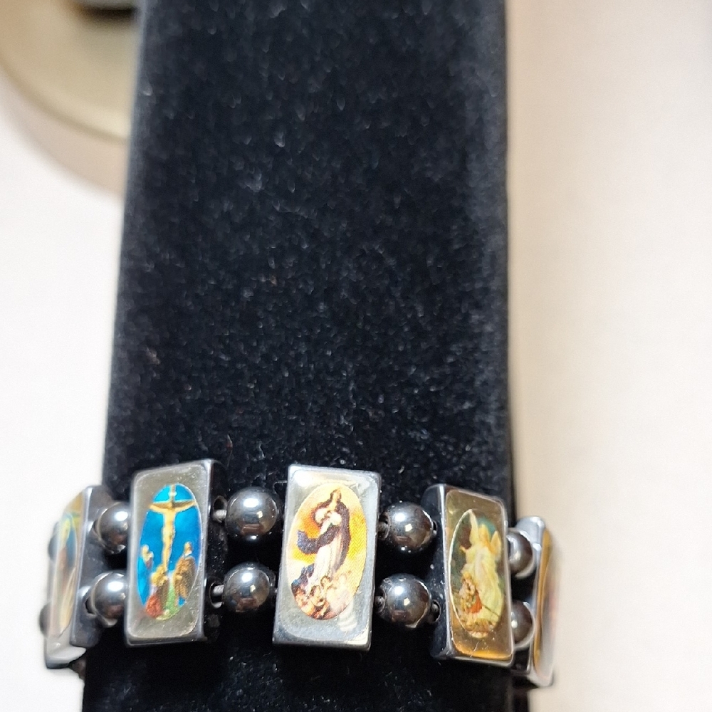 ( 5 for $20 when bundled!!)  Hematite  Religious Charm Bracelet